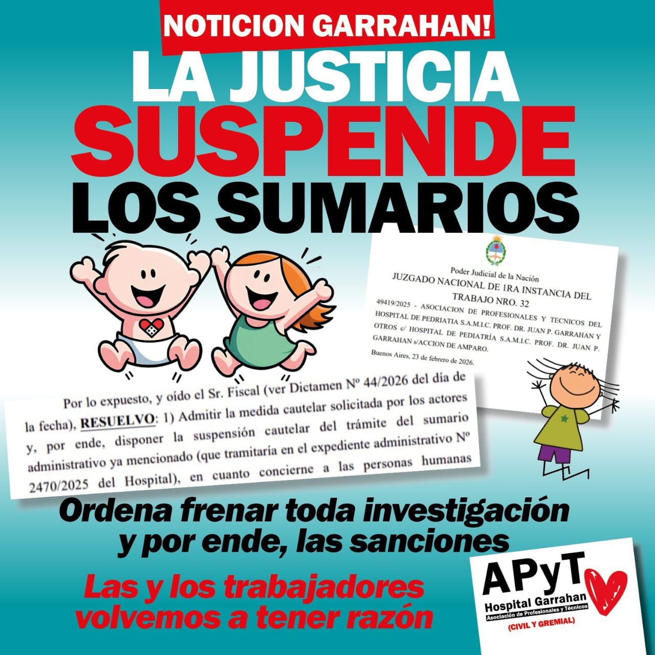 La justicia laboral falló contra sumario que ordenaba despidos en el Hospital Garrahan