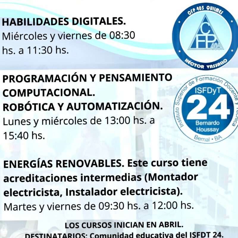Formación Técnica en Bernal: abren la inscripción para cursos gratuitos en el ISFDyT N° 24 y CFP N° 405