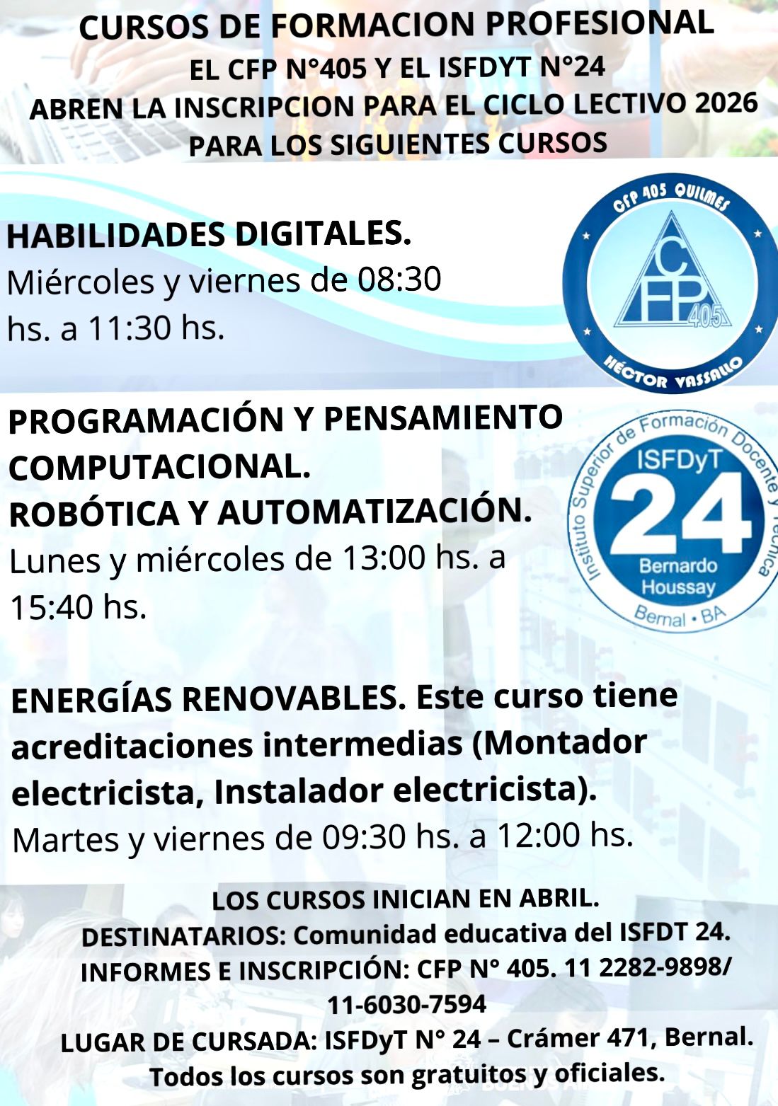 Formación Técnica en Bernal: abren la inscripción para cursos gratuitos en el ISFDyT N° 24 y CFP N° 405