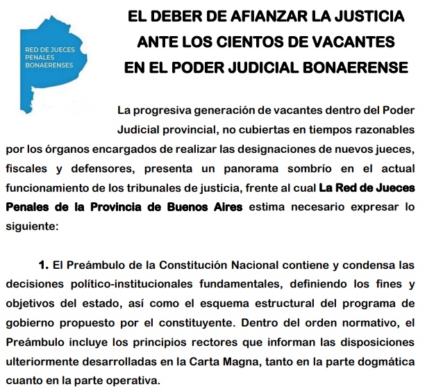 La Red de Jueces Penales reitera el postergado reclamo de cobertura de vacantes en la Justicia de la Provincia