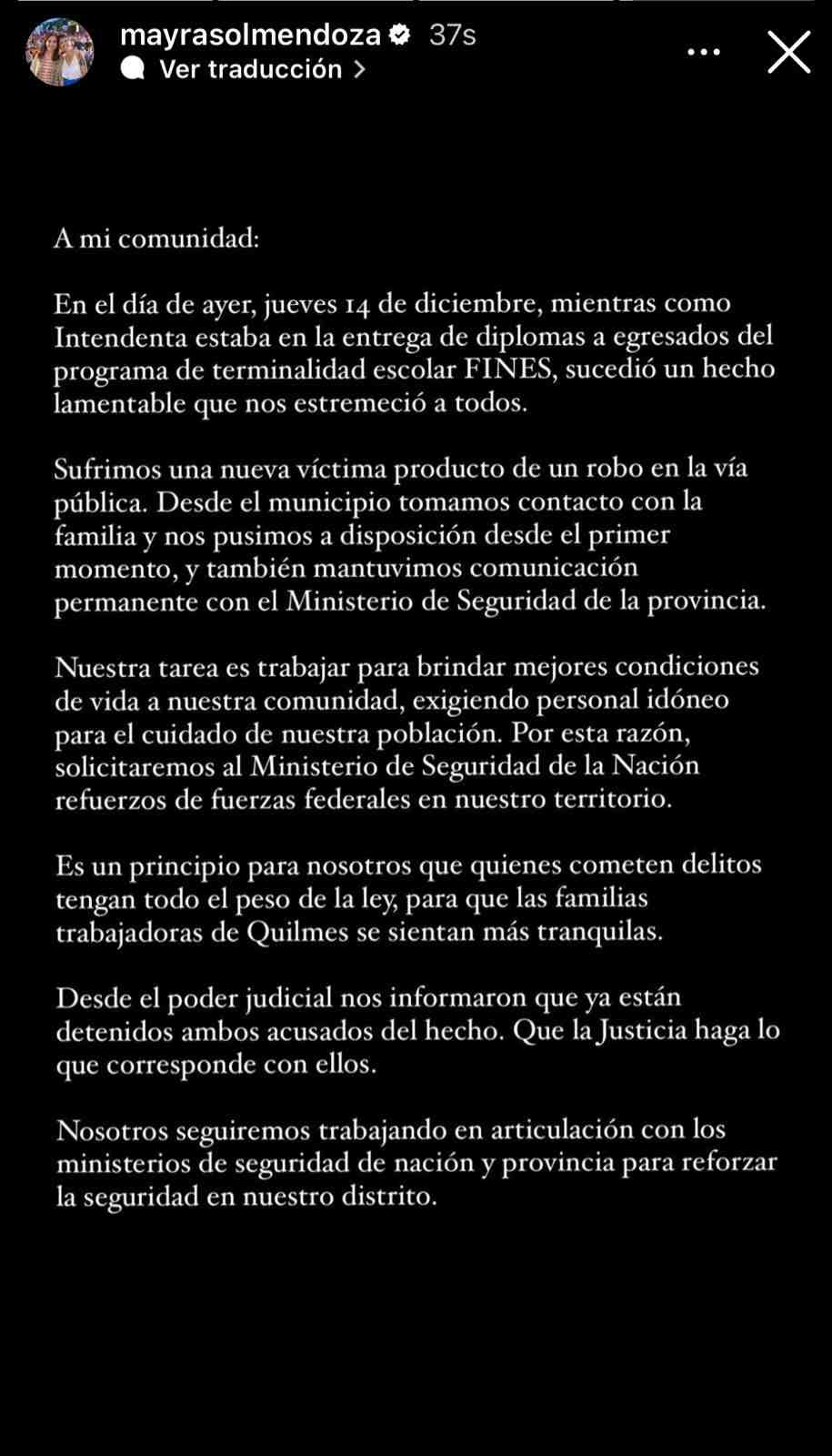 Mayra Mendoza anunció que pedirá a la Nación refuerzos de fuerzas federales