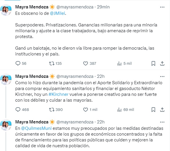 Mayra Mendoza acusó al presidente Milei de “romper la democracia, las instituciones y el país”