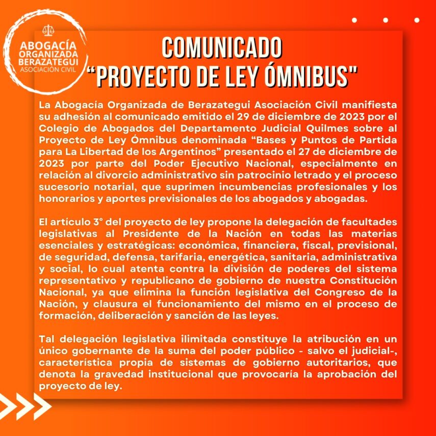 Comunicado de la Abogacía Organizada de Berazategui en contra del DNU del Gobierno Nacional