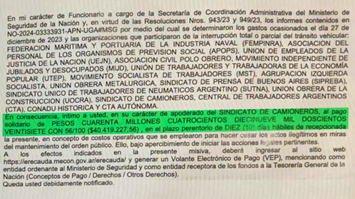 El Ministerio de Seguridad intimó a sindicatos a pagar hasta $56 millones