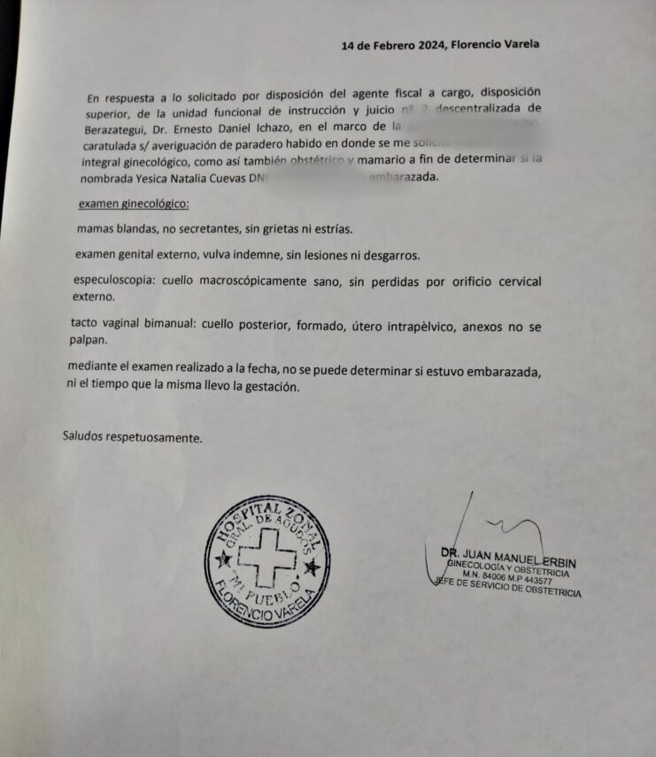 Se conoció el examen ginecológico a Jésica Cuevas: “no hay indicios de haber cursado embarazo”