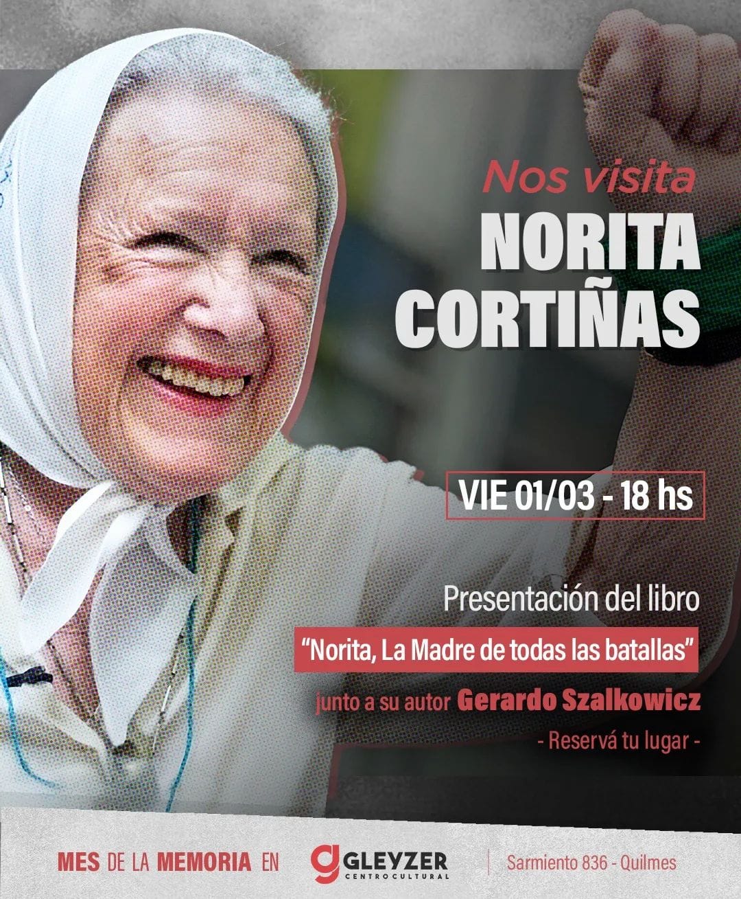 Nora Cortiñas visitará el Centro Cultural Gleyzer de Quilmes