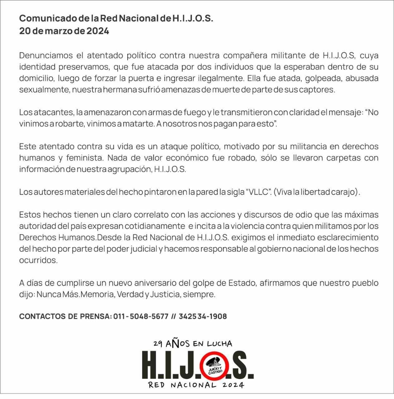 HIJOS denunció el abuso sexual y ataque sufrido por una militante en Rosario: ola de repudios
