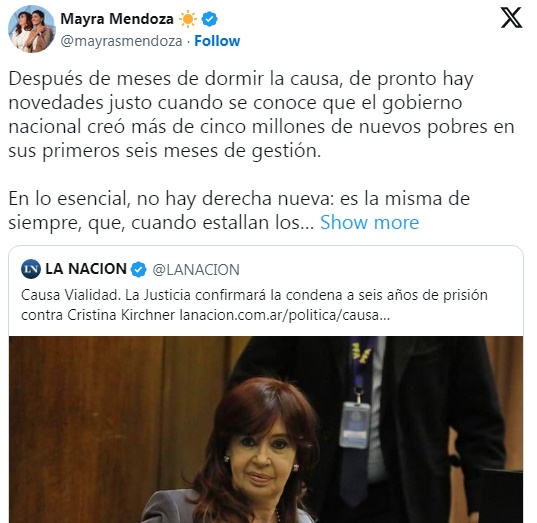 Causa Vialidad: Mayra Mendoza en defensa de Cristina Kirchner: “quieren correrla de la cancha”