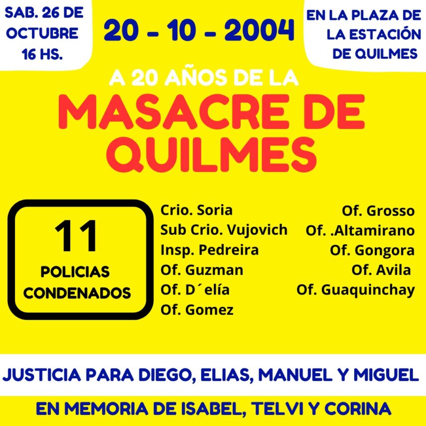 Masacre de la Comisaría 1° de Quilmes: acto en conmemoración a las víctimas al cumplirse 20 años