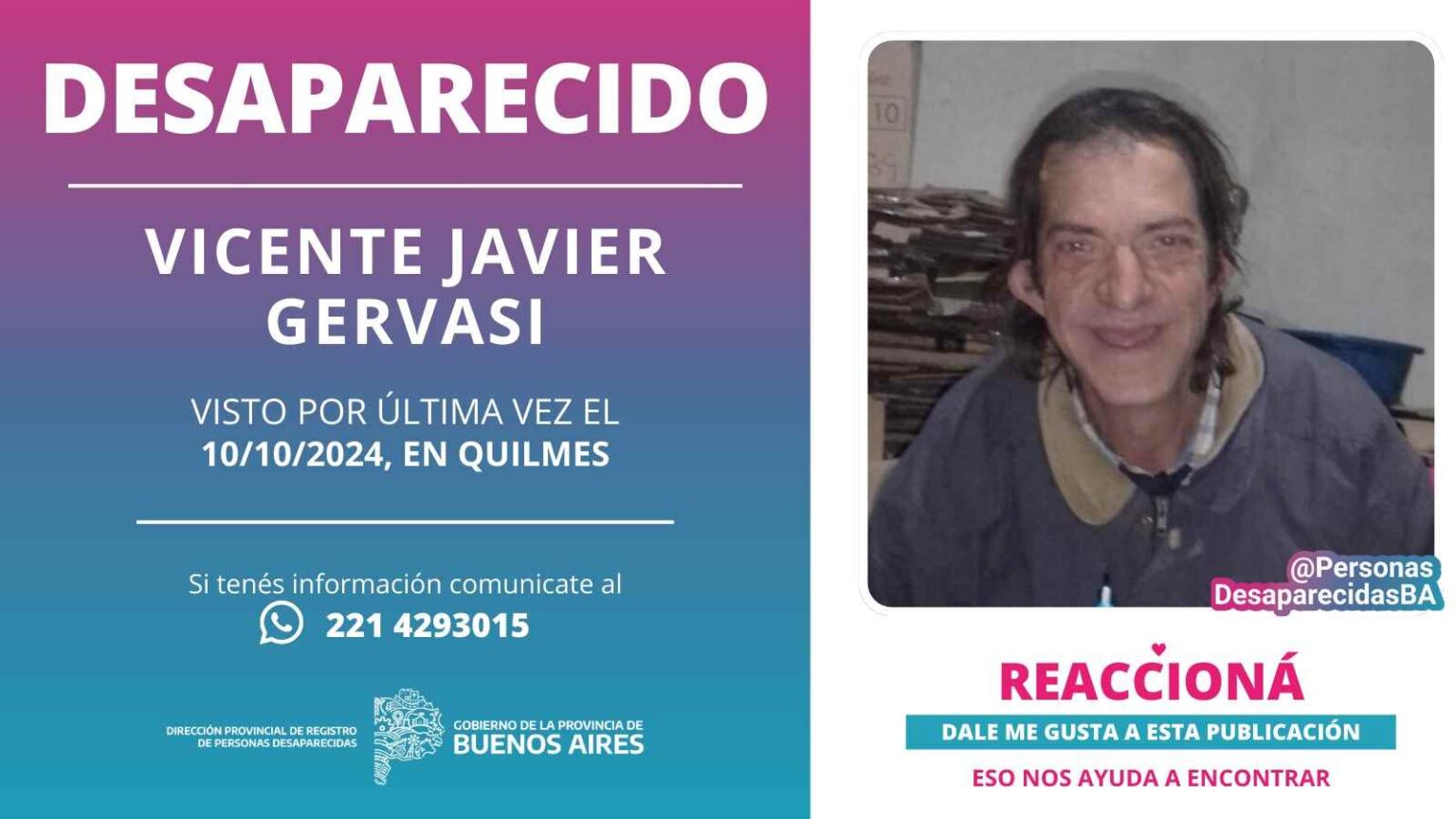 Piden colaboración para encontrar a Vicente, del que se desconoce su paradero en Quilmes