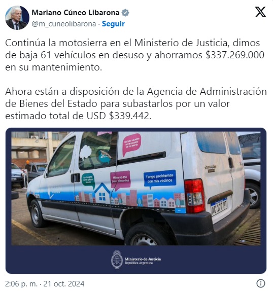 Cúneo Libarona: “continúa la motosierra en el Ministerio de Justicia”