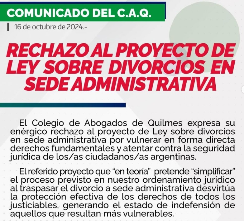 Rechazo del Colegio de Abogados de Quilmes al proyecto de Ley sobre divorcios en sede administrativa