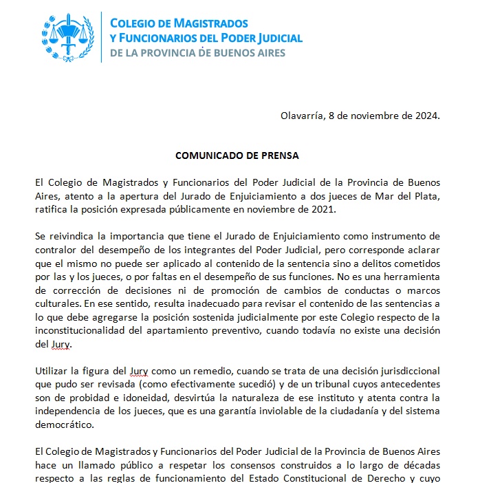 Magistrados de la Provincia se pronunciaron ante el inicio del jury a dos colegiados de Mar del Plata: “atenta contra la independencia de los jueces”