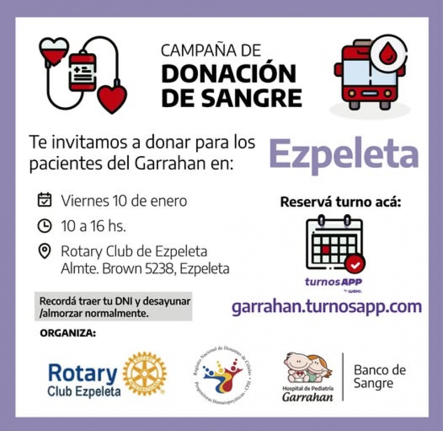 Rotary Club Ezpeleta impulsa nueva jornada de donación de sangre para el Garrahan