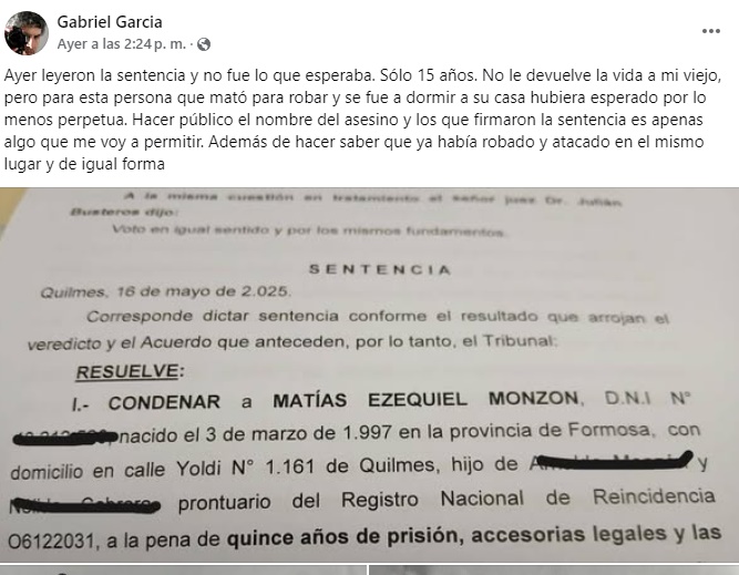Disconformidad de la familia del fotógrafo Gabriel García por la condena a 15 años de prisión del imputado