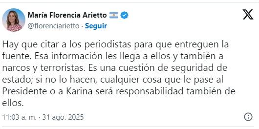 La senadora Arietto posteó en contra de los periodistas y pide que “revelen las fuentes”