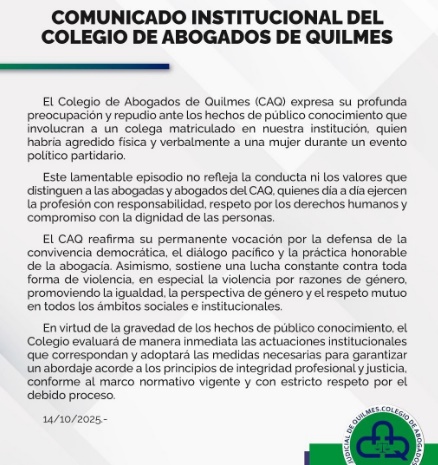El Colegio de Abogados de Quilmes repudió el accionar violento de un matriculado tras la visita de Santilli