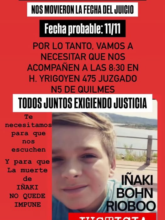 Reprograman para el martes 11 de noviembre el juicio por la muerte de Iñaki Bohn Rioboo, el niño de Hudson
