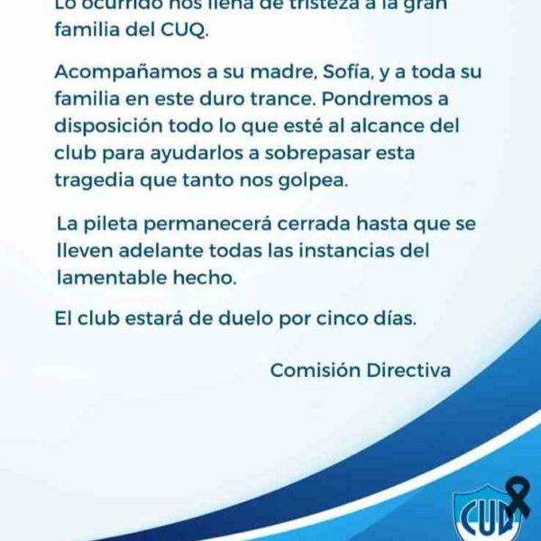 Dolor en el CUQ de Quilmes: decretaron cinco días de duelo por la pequeña ahogada en la pileta