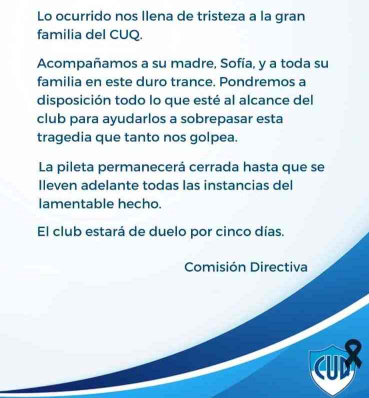 Dolor en el CUQ de Quilmes: decretaron cinco días de duelo por la pequeña ahogada en la pileta