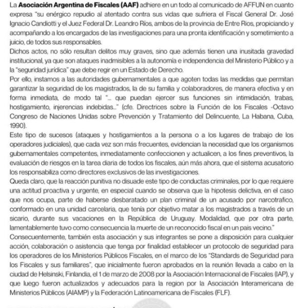 Alerta en la Justicia: La Asociación de Fiscales repudió un grave atentado contra magistrados en Entre Ríos