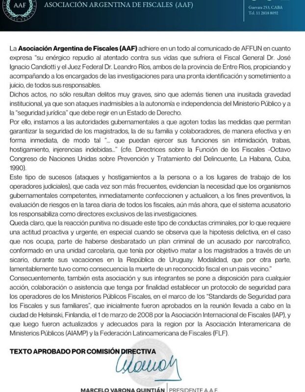 Alerta en la Justicia: La Asociación de Fiscales repudió un grave atentado contra magistrados en Entre Ríos