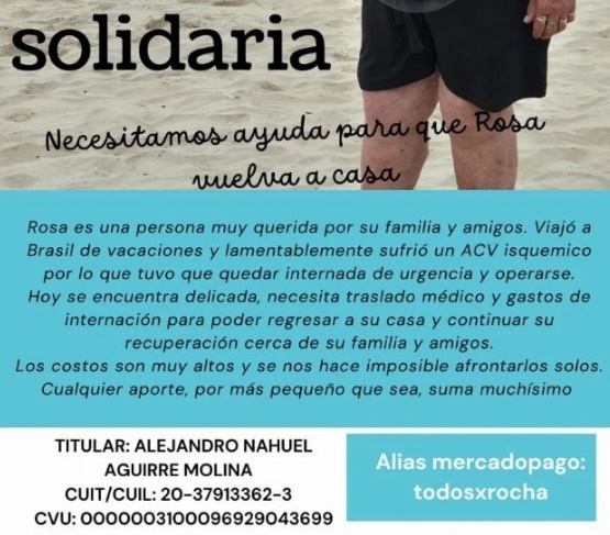 Una vecina de Berazategui sufrió un ACV en Brasil y su familia pide ayuda para trasladarla al país