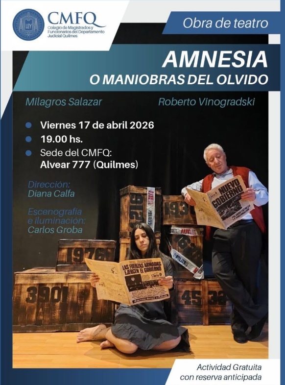 Teatro y Memoria en el Colegio de Magistrados de Quilmes: se presenta “Amnesia (o maniobras del olvido)”
