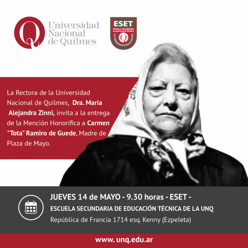 La UNQ entregará una Mención Honorífica a Carmen “Tota” Ramiro de Guede, madre de Plaza de Mayo