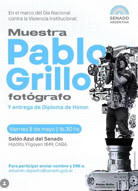 Pablo Grillo llega al Senado con una muestra fotográfica: será el viernes y se le entregará un reconocimiento
