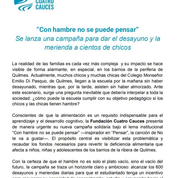 “Con hambre no se puede pensar”: buscan garantizar meriendas a niños en Quilmes y lanzan campaña