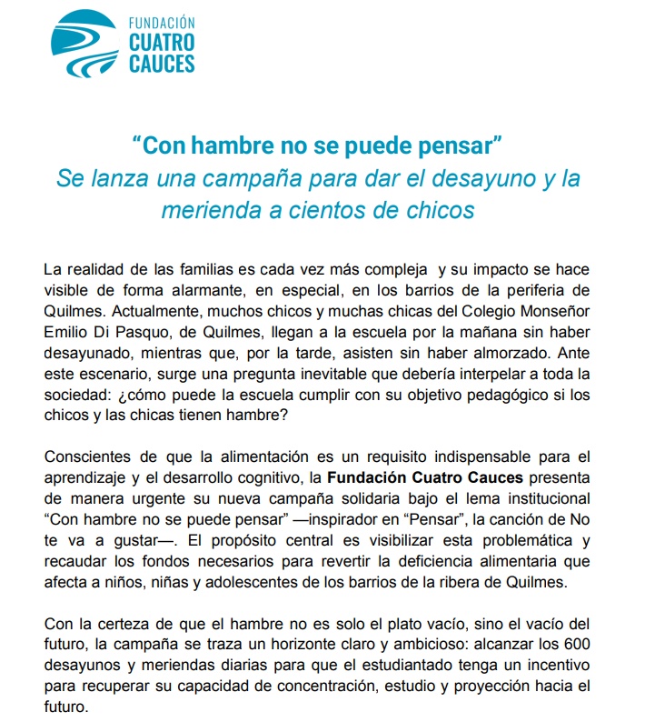 “Con hambre no se puede pensar”: buscan garantizar meriendas a niños en Quilmes y lanzan campaña