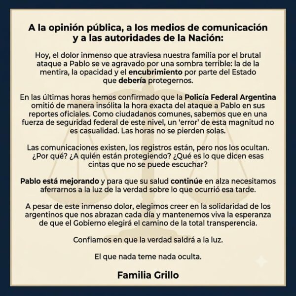 Familia de Pablo Grillo denuncia maniobras de las fuerzas federales para encubrir el ataque