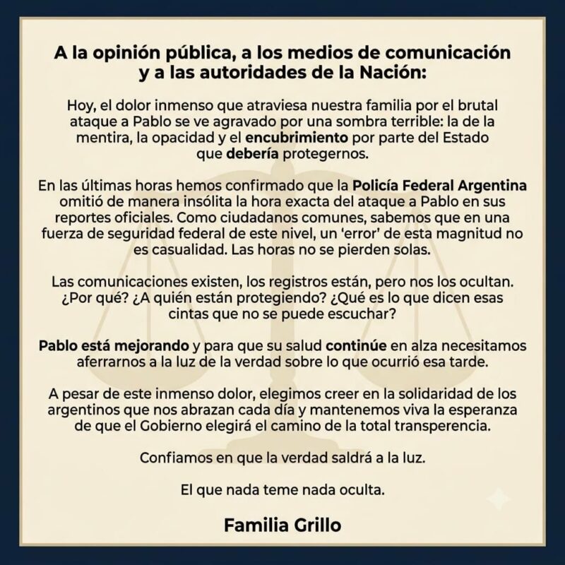 Familia de Pablo Grillo denuncia maniobras de las fuerzas federales para encubrir el ataque