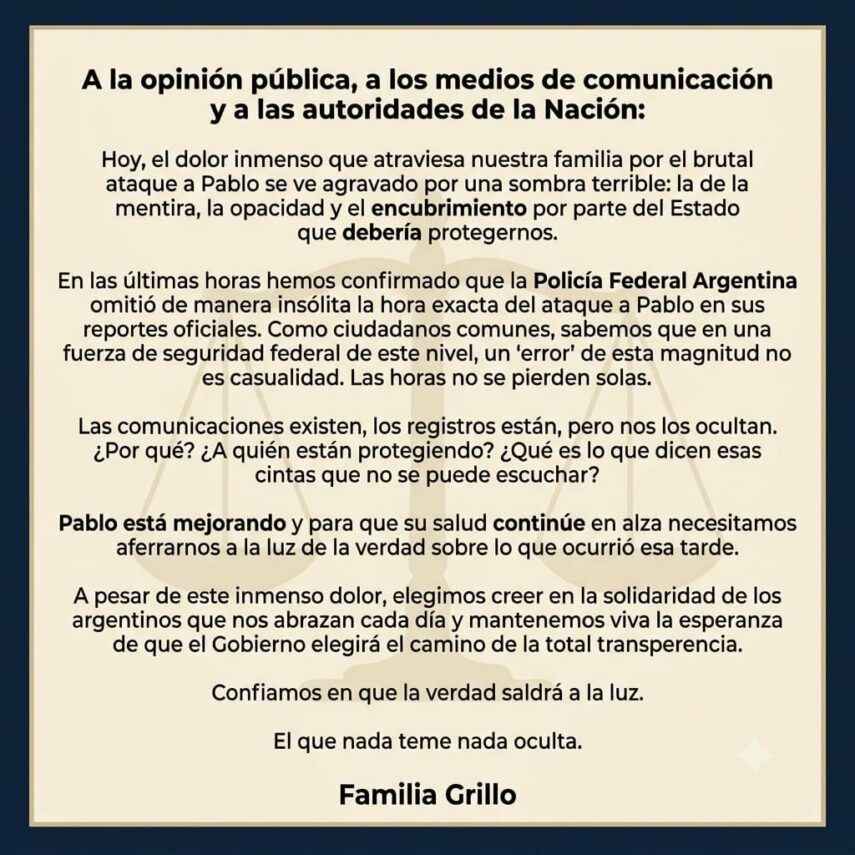 Familia de Pablo Grillo denuncia maniobras de las fuerzas federales para encubrir el ataque
