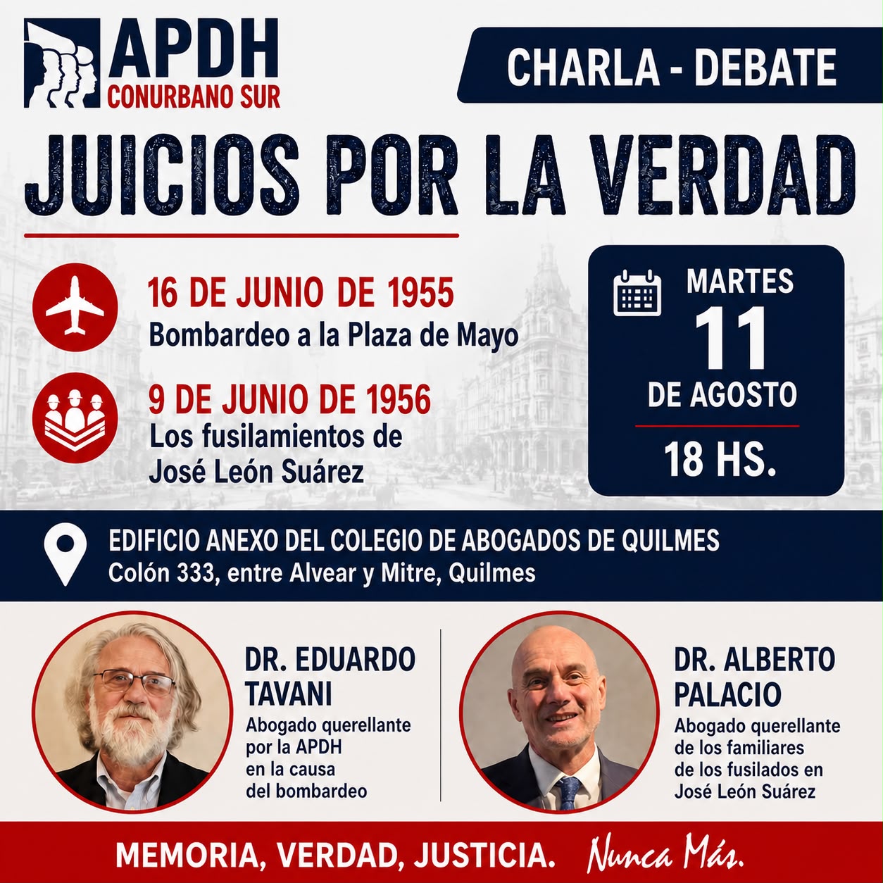 Derechos Humanos en Quilmes: La APDH analizará en el Colegio de Abogados causas por los Bombardeos de 1955 y los Fusilamientos&hellip;