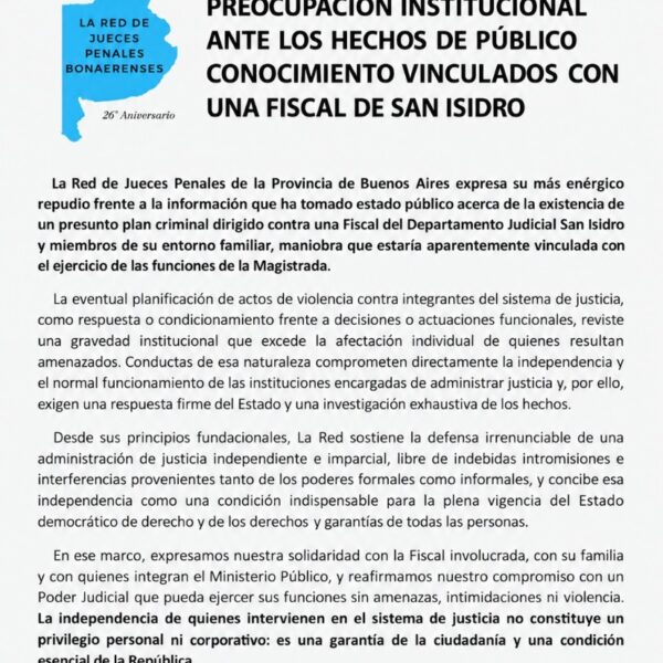 Red de Jueces Penales: preocupación ante plan desde las cárceles para atacar a una fiscal de San Isidro