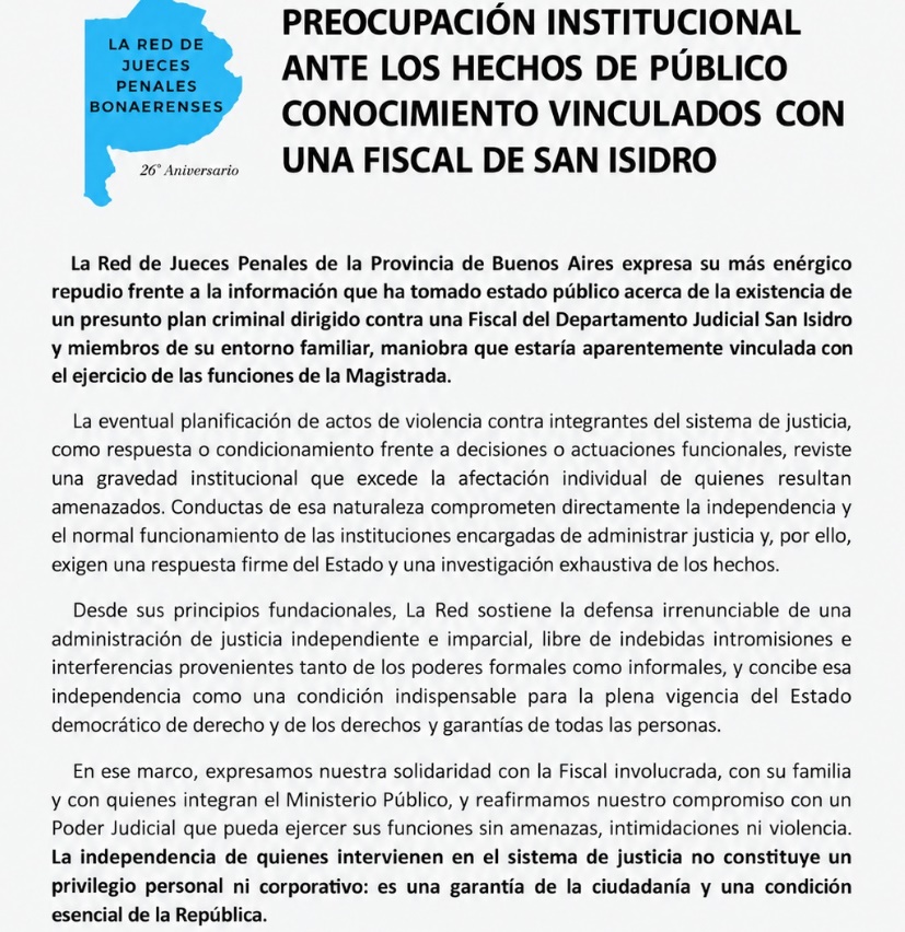 Red de Jueces Penales: preocupación ante plan desde las cárceles para atacar a una fiscal de San Isidro